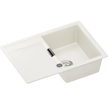 Weiße Schock Einbauspüle mit einem Becken und Abtropffläche aus Granit-Verbundstoff.