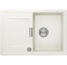 Schock Einbauspüle aus Granit-Verbundwerkstoff in Creme mit einem Becken, Abtropffläche und Siebkorbventil. Schock Logo.