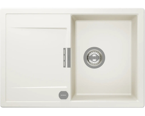 Schock Einbauspüle aus Granit-Verbundwerkstoff in Creme mit einem Becken, Abtropffläche und Siebkorbventil. Schock Logo.