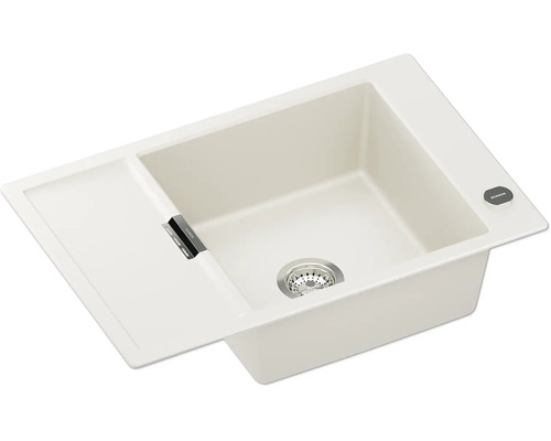 Schock Einbauspüle aus Granit-Verbundwerkstoff mit einem Becken und Abtropffläche, inklusive Überlauf und Siebkorbventil.