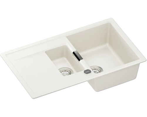 Schock Einbauspüle mit anderthalb Becken und Abtropffläche aus Quarzkomposit.