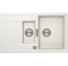 Schock Einbauspüle in Beige mit 1,5 Becken und Abtropffläche aus Quarzkomposit. Schock Logo.