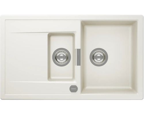 Schock Einbauspüle in Beige mit 1,5 Becken und Abtropffläche aus Quarzkomposit. Schock Logo.