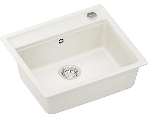 Rechteckige Einbau-Küchenspüle aus Granitverbundwerkstoff mit einem Becken, Überlauf und Abfluss.