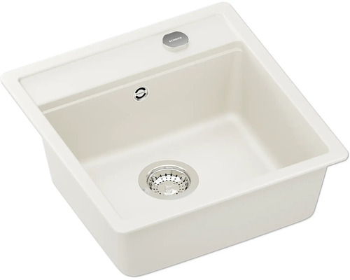 Schock Einbauküchenspüle aus Quarzkomposit in Cremeweiß, Einzelbecken mit Überlauf und Siebkorbventil.