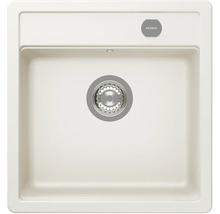 Quadratische Einbauspüle in Beige aus Quarzkomposit mit einem Becken und Schock Logo.