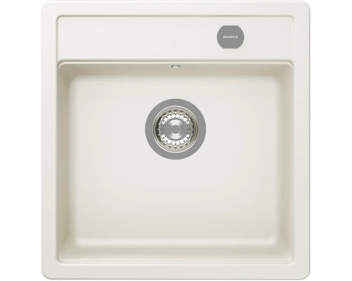 Quadratische Einbauspüle in Beige aus Quarzkomposit mit einem Becken und Schock Logo.