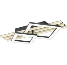 Moderne LED-Deckenleuchte mit zwei quadratischen Rahmen und Lamellen in Holzoptik.