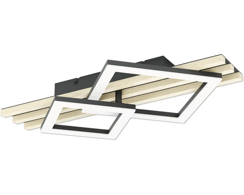 Moderne LED-Deckenleuchte mit zwei quadratischen Rahmen und Lamellen in Holzoptik.