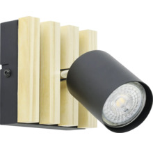 Wandspot mit hellen Holzlamellen und einem verstellbaren schwarzen Metallstrahler.