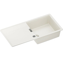 Weiße Schock Einbauspüle aus Granit-Verbundwerkstoff mit einem Becken und Abtropffläche.