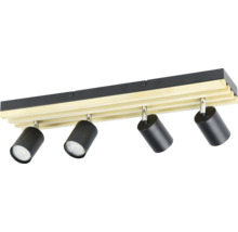 Deckenstrahler mit vier verstellbaren, zylindrischen Spotköpfen aus Metall und Holzleiste.