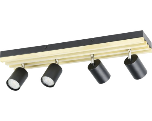 Deckenstrahler mit vier verstellbaren, zylindrischen Spotköpfen aus Metall und Holzleiste.