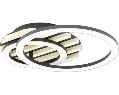 Moderne Deckenleuchte mit zwei ineinandergreifenden Ringen und rundem Sockel in Holzoptik.