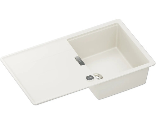 Weiße Schock Einbauspüle aus Granit-Verbundwerkstoff mit einem Becken und einer Abtropffläche.