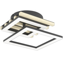 Moderne, quadratische LED-Deckenleuchte mit Elementen aus Holz und Metall, mehrlagiges geometrisches Design.