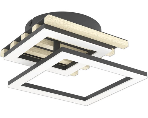 Moderne, quadratische LED-Deckenleuchte mit Elementen aus Holz und Metall, mehrlagiges geometrisches Design.
