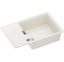 Beigefarbene Schock Einbauspüle aus Granit-Verbundwerkstoff mit einem Becken und Abtropffläche.