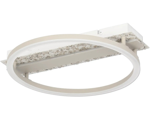 LED-Deckenleuchte mit einem kreisförmigen Lichtring und einer rechteckigen Basis in Steinoptik.