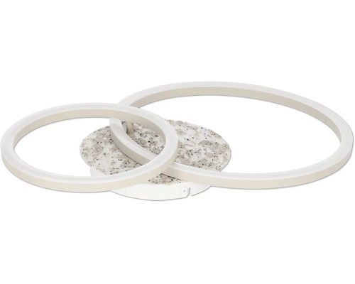 Moderne LED-Deckenleuchte mit zwei ineinander verschlungenen Ringen und einer runden Halterung in Steinoptik.
