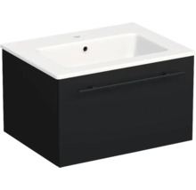 Waschtischunterschrank mit Waschbecken, schwarz matt, wandhängend, eine Schublade mit schwarzem Griff.