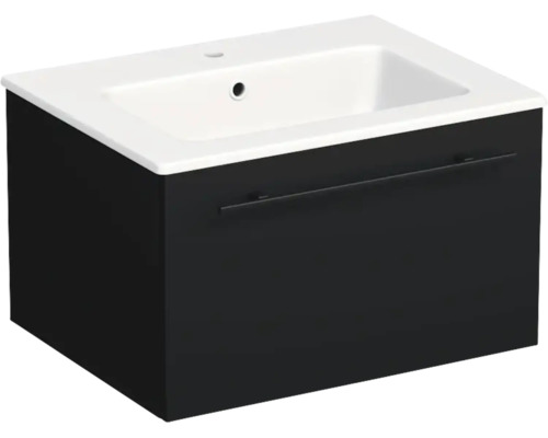 Waschtischunterschrank mit Waschbecken, schwarz matt, wandhängend, eine Schublade mit schwarzem Griff.