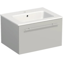 Grauer Waschtischunterschrank mit weißem Waschbecken, eine Schublade mit langem Griff.