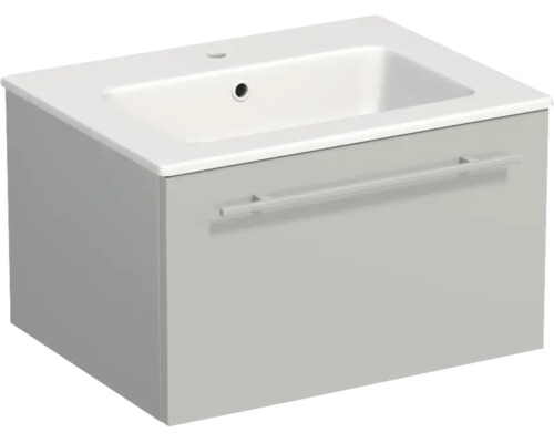 Grauer Waschtischunterschrank mit weißem Waschbecken, eine Schublade mit langem Griff.