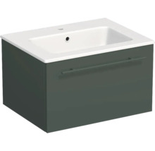 Wandhängender Waschtischunterschrank mit Waschbecken, eine Schublade mit Stangengriff, dunkelgrüner Korpus, weißes Keramikbecken.