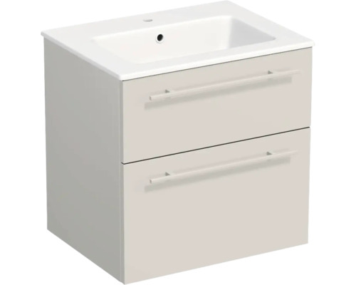 Waschbeckenunterschrank mit zwei Schubladen und weißem Keramik-Waschtisch.