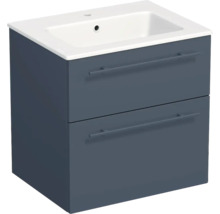 Waschtischunterschrank mit zwei Schubladen und Keramikwaschbecken in Blau.