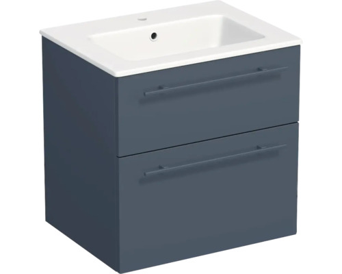 Waschtischunterschrank mit zwei Schubladen und Keramikwaschbecken in Blau.