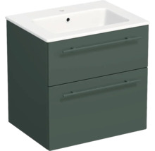 Waschtischunterschrank mit zwei Schubladen und Keramik-Waschbecken.