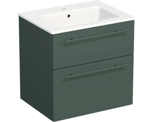 Waschtischunterschrank mit zwei Schubladen und Keramik-Waschbecken.