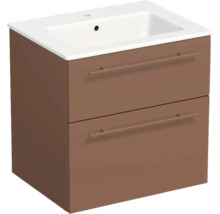 Waschtischunterschrank in Braun mit zwei Schubladen und weißem Keramikwaschbecken.