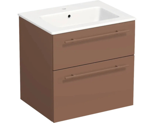 Waschtischunterschrank in Braun mit zwei Schubladen und weißem Keramikwaschbecken.