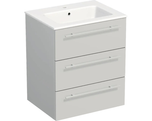 Waschbeckenunterschrank mit drei Schubladen und integriertem rechteckigem Waschbecken.