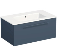 Badmöbel-Set bestehend aus einem weißen Waschbecken und einem dunkelblauen Unterschrank mit einer Schublade.