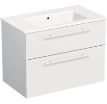 Waschtischunterschrank mit Waschbecken, zwei Schubladen mit Griffen, weiß.