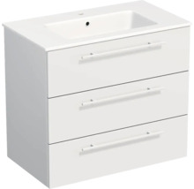Moderner weißer Waschbeckenunterschrank mit integriertem Waschbecken und drei Schubladen mit langen horizontalen Griffen.