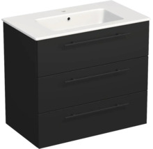 Badmöbel-Set mit Waschtischunterschrank und Keramikwaschbecken, drei Schubladen mit schwarzen Griffen, Anthrazit.