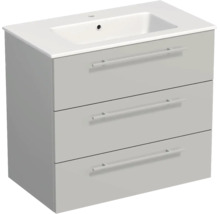 Waschtischunterschrank mit drei Schubladen und integriertem Waschbecken.