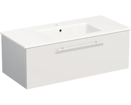Weißer Waschtischunterschrank mit einer Schublade, einem Stangengriff und einem Waschbecken.