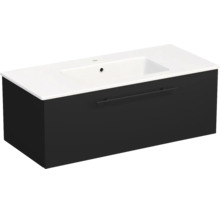 Waschtischunterschrank mit Waschbecken, ein Auszug mit Griffleiste, schwarzer Korpus und weißes Keramikbecken, wandhängend.