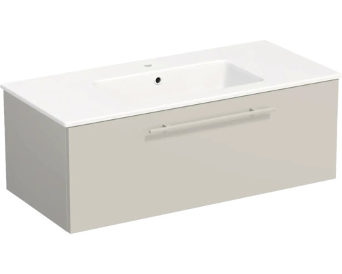 Wandhängender Waschtischunterschrank mit weißem Waschbecken und einer Schublade inklusive Griffstange.