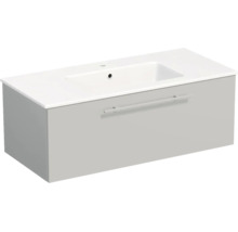 Waschbeckenunterschrank mit weißem rechteckigem Waschtisch und grauem Unterschrank mit einer Schublade und langem horizontalem Griff.