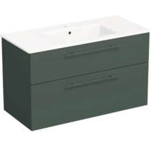 Waschtischunterschrank mit zwei Schubladen und integriertem Waschbecken.