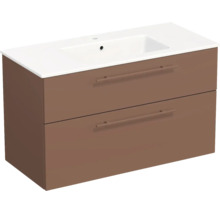 Waschbeckenunterschrank mit zwei Schubladen in Braun und weißem Waschtisch.