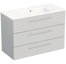 Grauer Waschbeckenunterschrank mit drei Schubladen und integriertem Waschbecken.