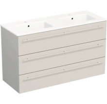 Waschtischunterschrank mit Doppelwaschbecken und drei Schubladen in Beige.